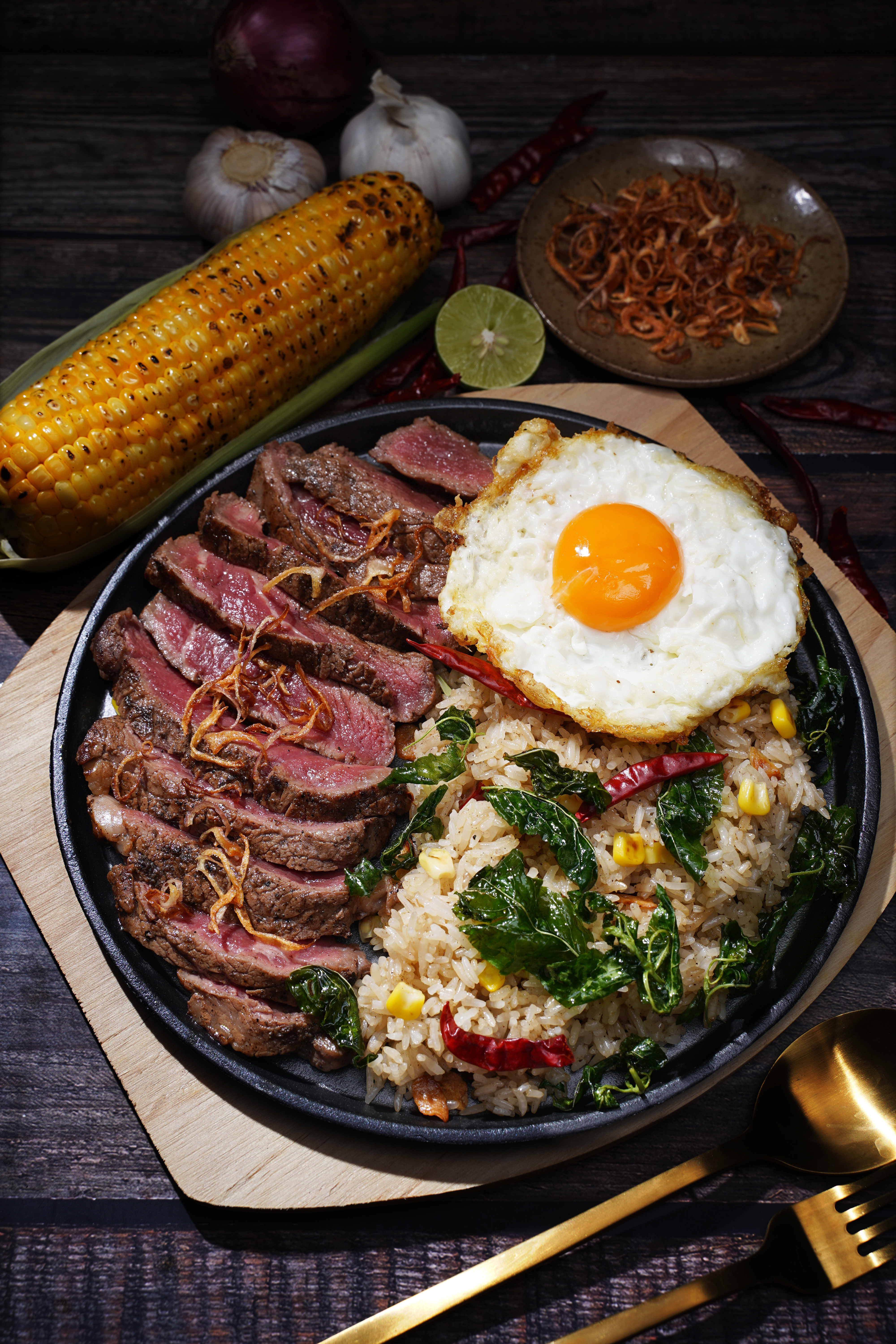 Wagyu Tenderloin with Holy Basil Fried Rice and Crispy Shallots